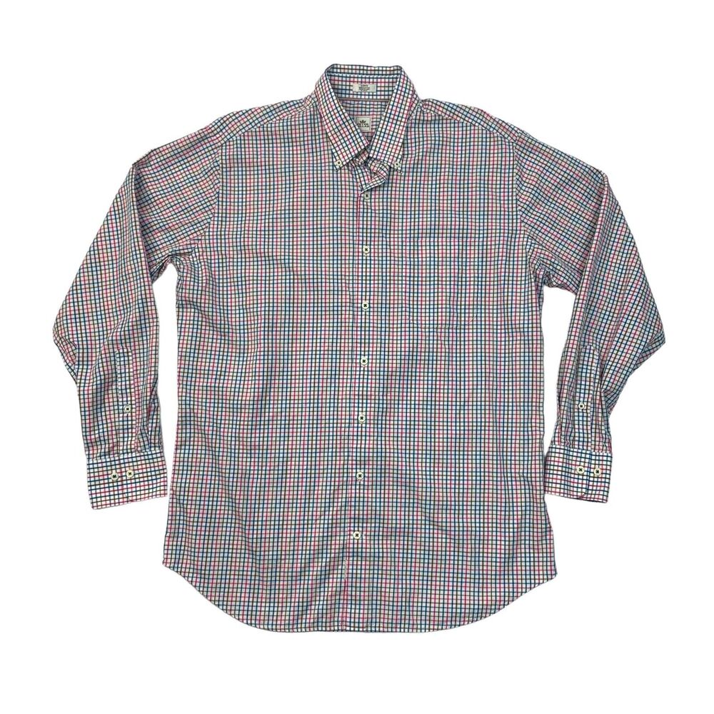 Peter Millar Shirt Mens L Large Pink Blue Cotton Check Drop Cut Long Sleeve